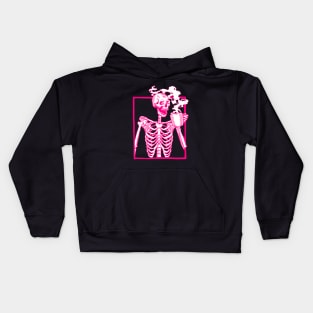 halloween skeleton drinking coffee pink Kids Hoodie